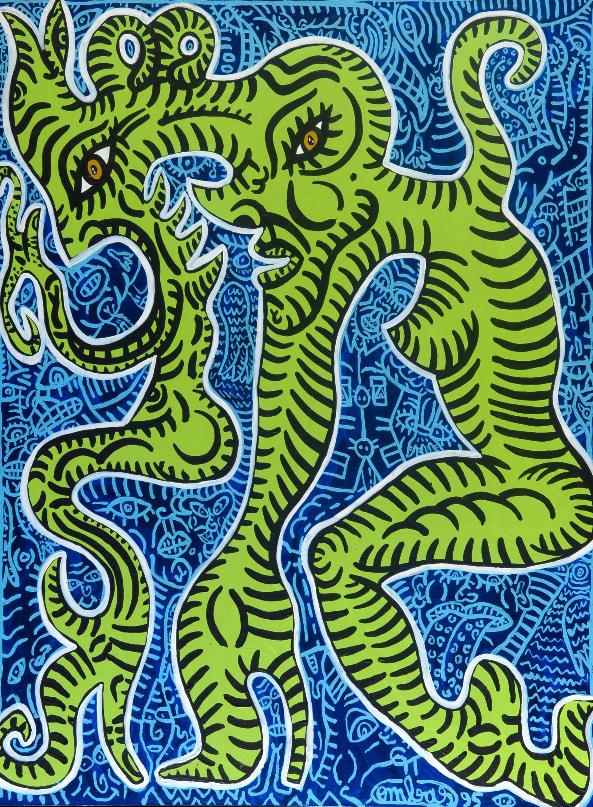 Monstre Vert À Double Incarnation À Fond Bleu Painting Omer Tiroche Gallery